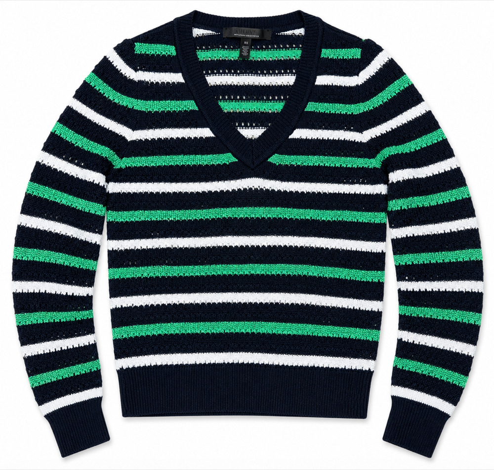 WHITE HOUSE BLACK MARKET WHBM NAVY GREEN WHITE STRIPE V-NECK PULLOVER SWEATER XS